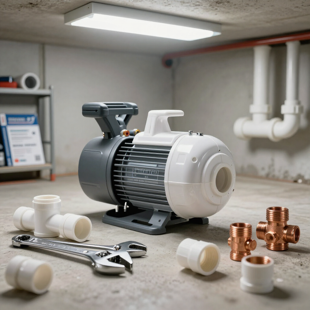 septic pump system plumbing in a basement
