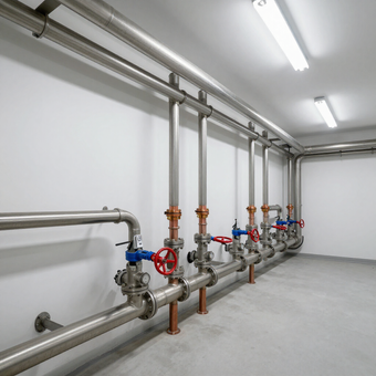 commercial plumbing pipes in the basement of a business