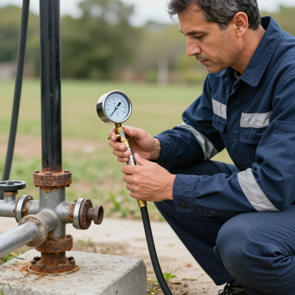 well pump services from gainesville plumbing in commerce ga with plumber working on well pump measurements