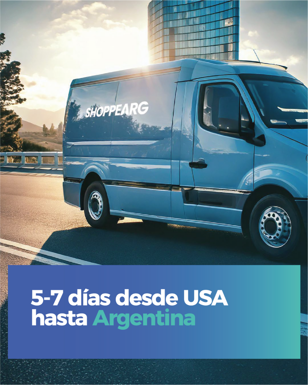 Camioneta de reparto azul con logo