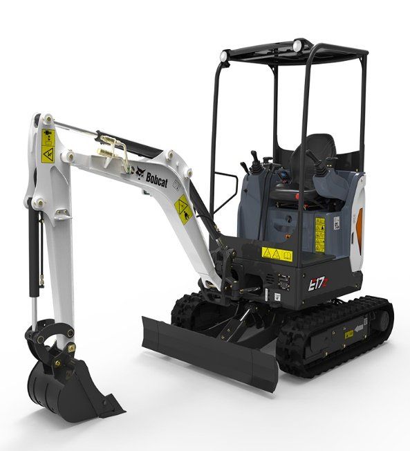 Bobcat E17 compact excavator on tracks, black and white arm, black bucket, and dark gray body.