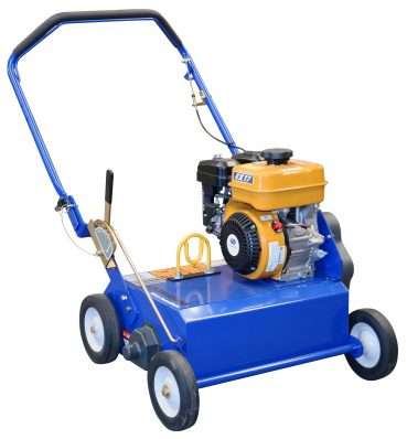 Blue and yellow motorized aerator for lawns with handle and wheels.