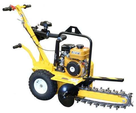 Yellow trenching machine with black accents and a gasoline engine.