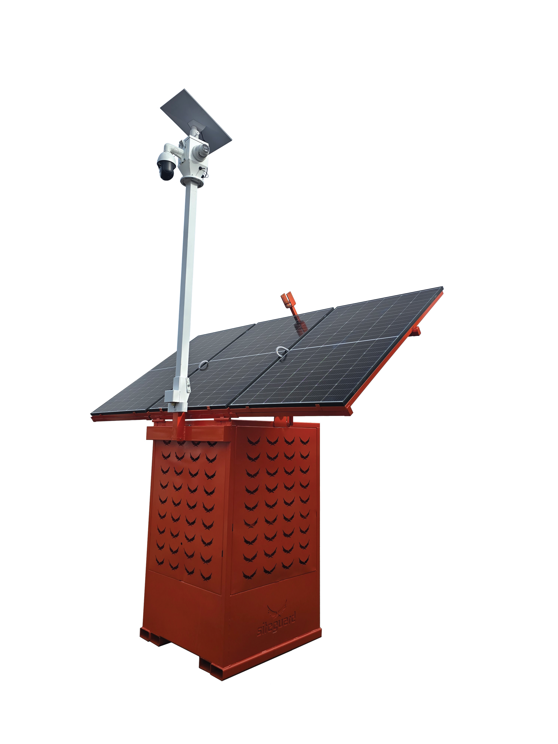 Three orange solar-powered monitoring stations with solar panels and cameras in a paved outdoor setting.