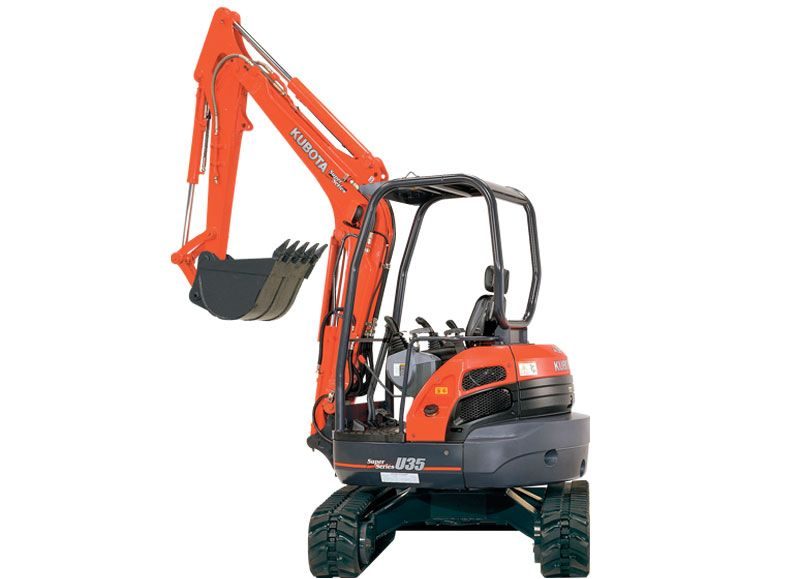 Orange Kubota mini excavator on a white background, ready for digging.