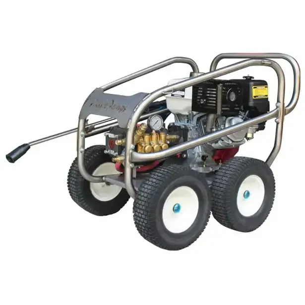 Pressure washer with a stainless steel frame and four pneumatic tires.