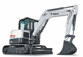 White Bobcat compact excavator on tracks with bucket extended.