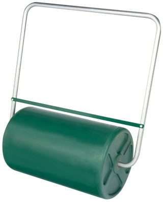 Green lawn roller with a silver handle.