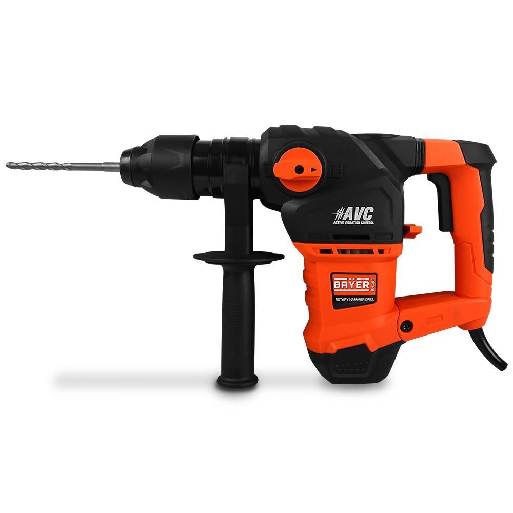 Orange and black AVC rotary hammer drill with a drill bit extended.
