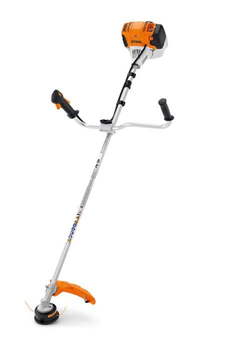 Gas-powered orange and white STIHL string trimmer on a white background.
