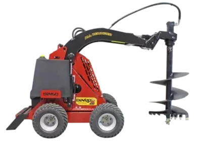 Red mini-excavator with auger drill; digging outdoors.