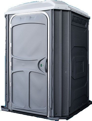 Portable toilet with gray door and blue side panel.