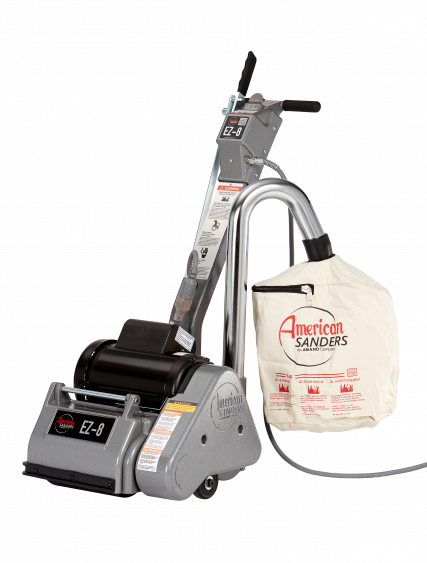 Floor sander with dust bag, silver and black.