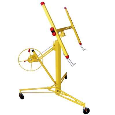 Yellow drywall lift with a hand crank, used to raise building materials.