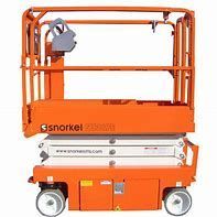 Orange Snorkel scissor lift with a platform and wheels.