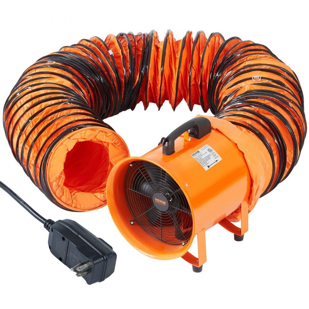 Orange industrial fan with attached flexible ducting and power cord.