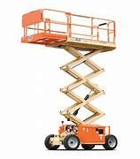 Orange scissor lift with platform raised; ready for workers.