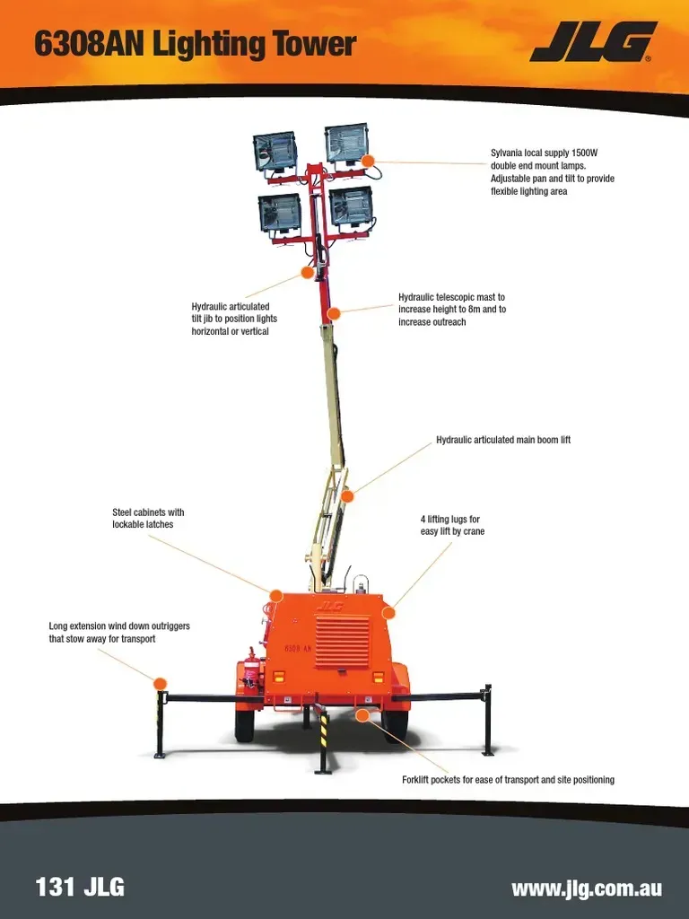 Yellow mobile lighting tower with four LED lights, on a trailer.