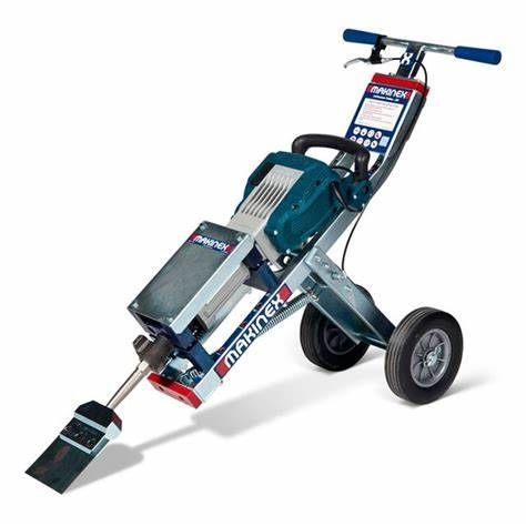 Makinex floor scraper, blue and silver, with wheels, handle, and blade, used for removing flooring.
