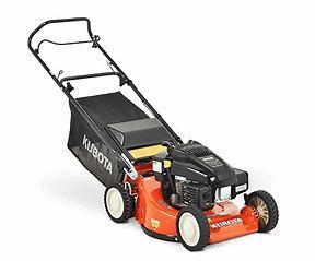 Orange Kubota lawnmower with black bagger; standing on white surface.