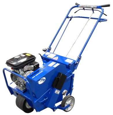 Blue lawn aerator with a black engine and handle.