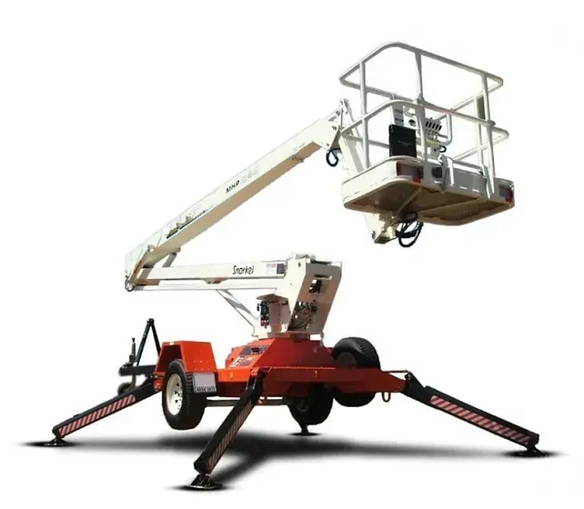 Orange and white towable boom lift with basket raised, extended legs.