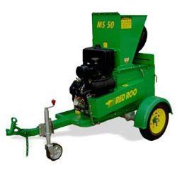 Green Red Roo wood chipper with trailer, wheels, and an engine, on a white background.