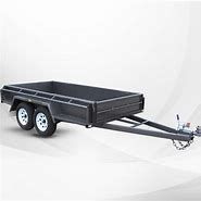 Black utility trailer with two wheels, ready for towing.