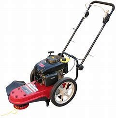 Red and black wheeled string trimmer on a white background.