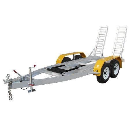 Silver and yellow car trailer with ramps, white background.