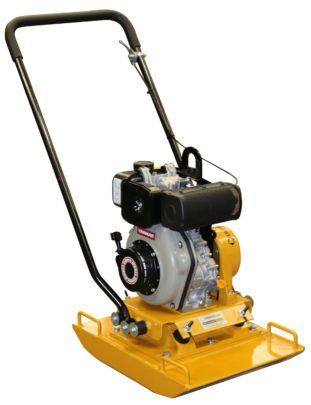 Yellow and black plate compactor machine, with a handle and engine.