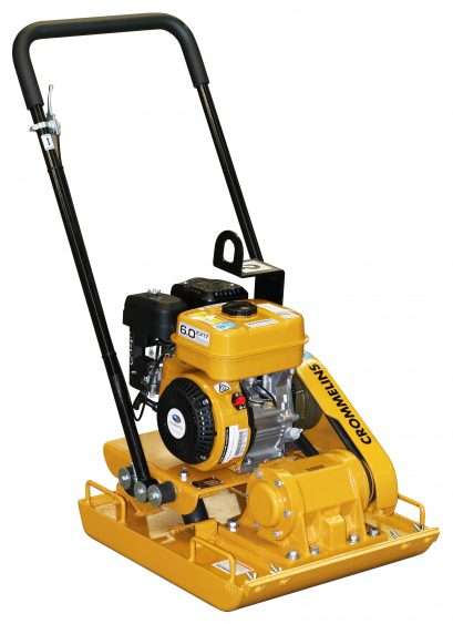Yellow plate compactor with a black handle, used for compacting soil.