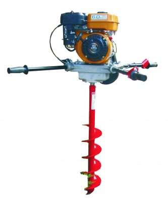Gas-powered red auger with yellow engine, used for drilling holes in the ground, handles on either side for control.