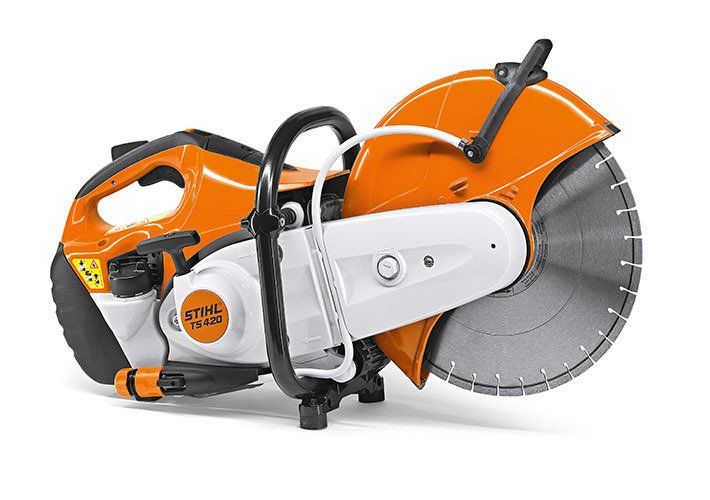 Orange and white STIHL cut-off saw with a large, silver blade, black handle, on a white background.