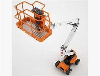 Orange and white boom lift with an elevated platform, ready for use.
