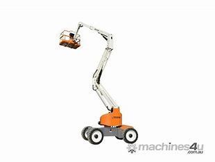 Orange and white boom lift with an elevated platform, ready for use.