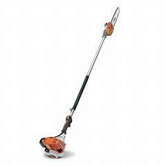 Orange and silver pole saw with a long reach, for trimming branches.