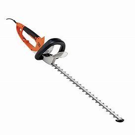 Electric hedge trimmer with orange handle and silver blade.