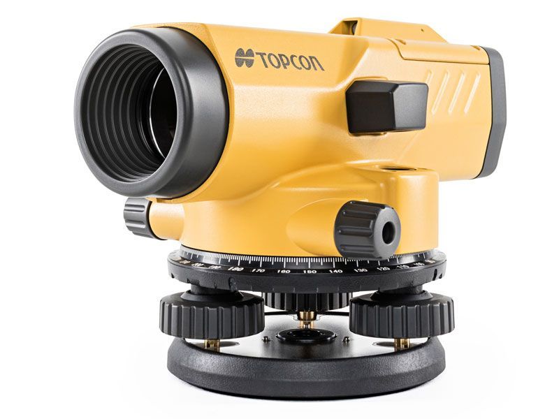 Yellow and black Topcon automatic level for surveying.