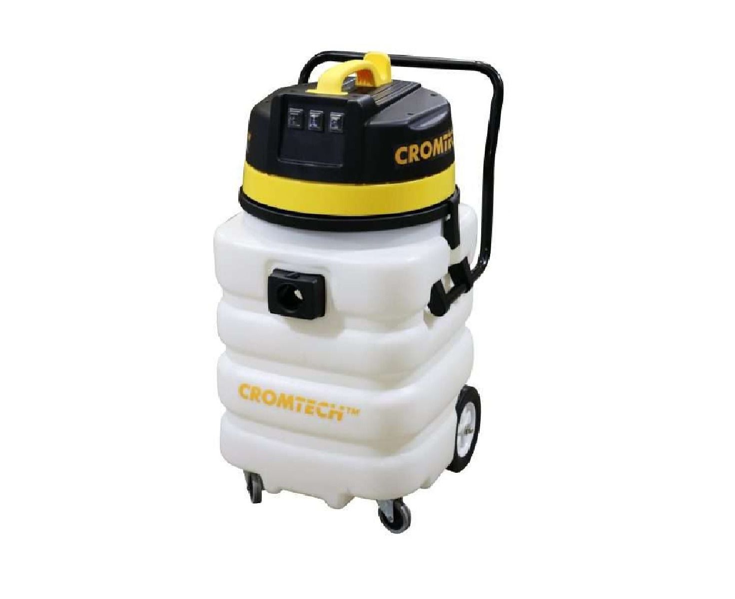 Wet/dry vacuum with a black and yellow top, white container, handle, and wheels.