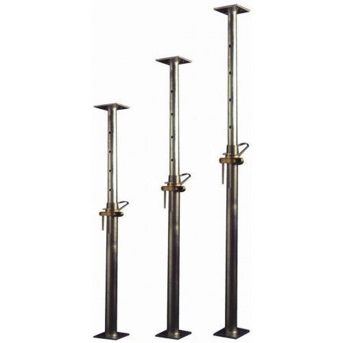Metal scaffolding support poles in various heights, with adjustable collars and base plates.
