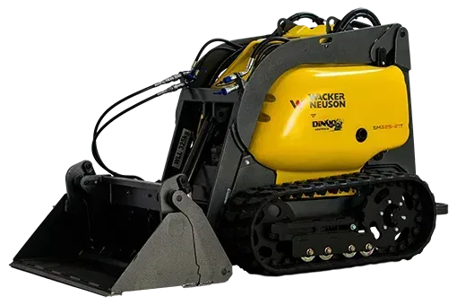 Yellow and black Wacker Neuson mini skid steer with a bucket, tires on a white background.