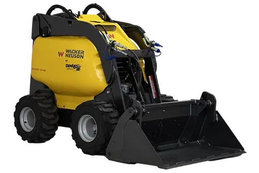 Yellow and black Wacker Neuson mini skid steer with a bucket, tires on a white background.