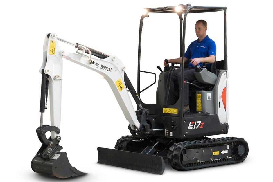 Bobcat E17 compact excavator on tracks, black and white arm, black bucket, and dark gray body.