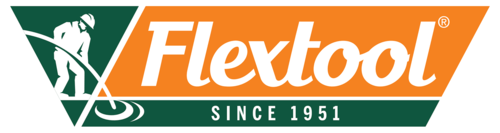 Flextool logo with a worker using a tool, green and orange colors, and 