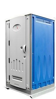 Portable toilet with gray door and blue side panel.