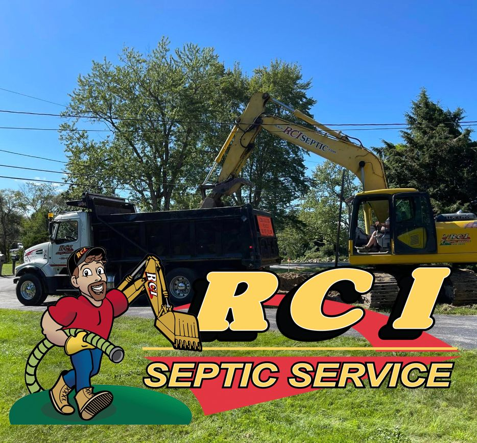 RCI Septic Service logo over a septic truck and excavator on a sunny roadside lawn