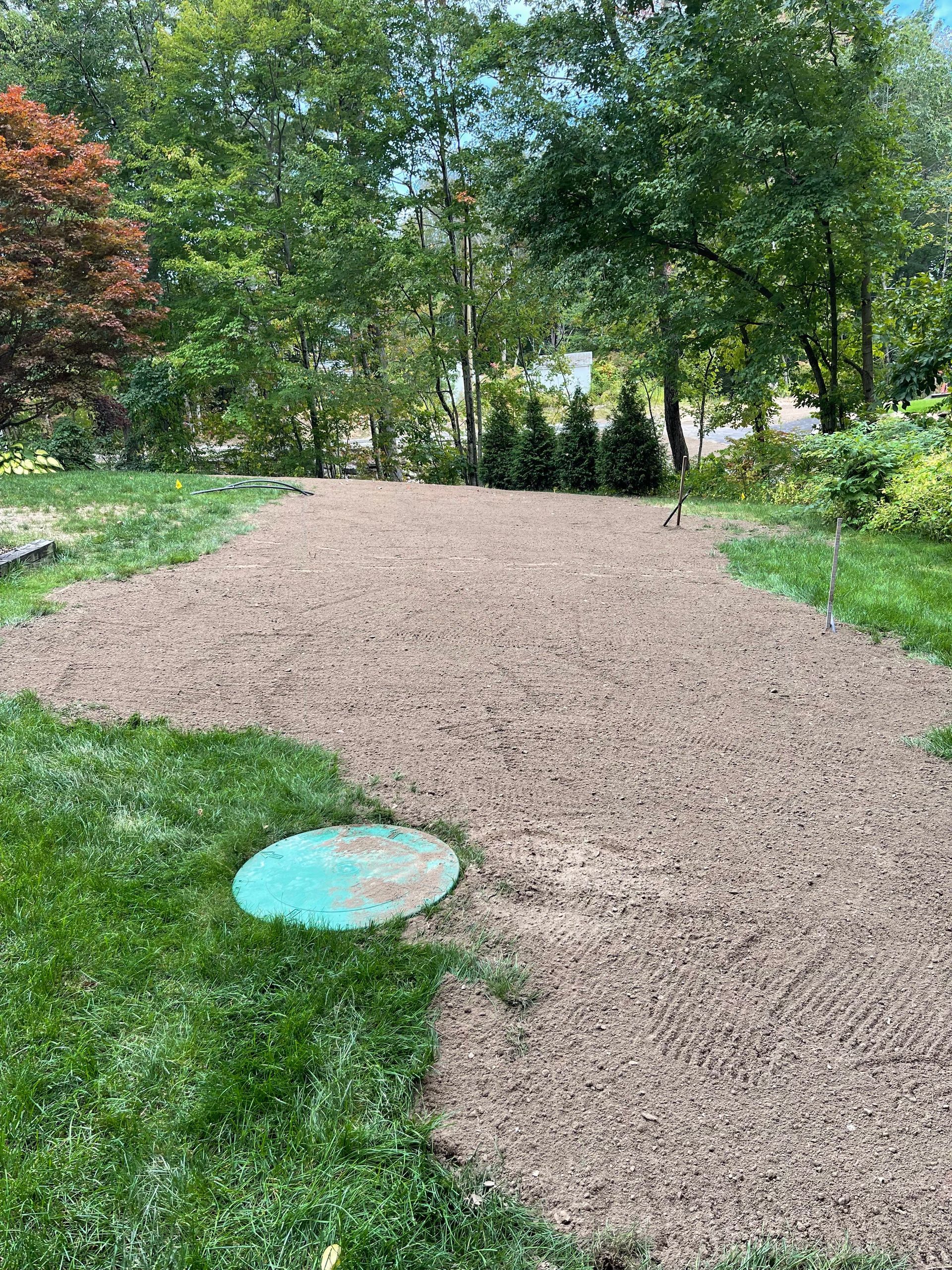 Gravel path in a leafy garden, bordered by grass and trees, with a blue stepping stone in the foreground.