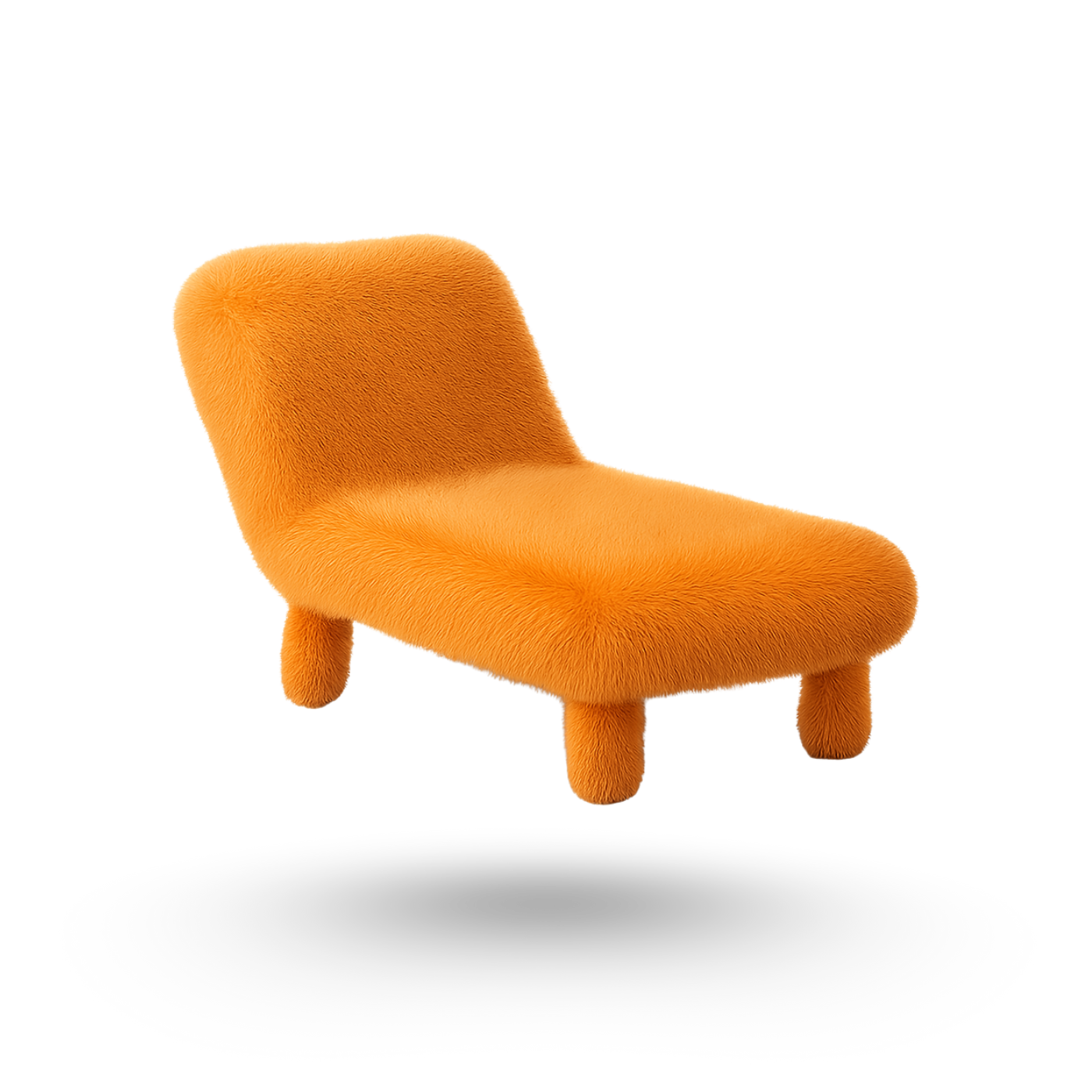 Chaise longue arancione e soffice con tre gambe arrotondate e un piccolo schienale.