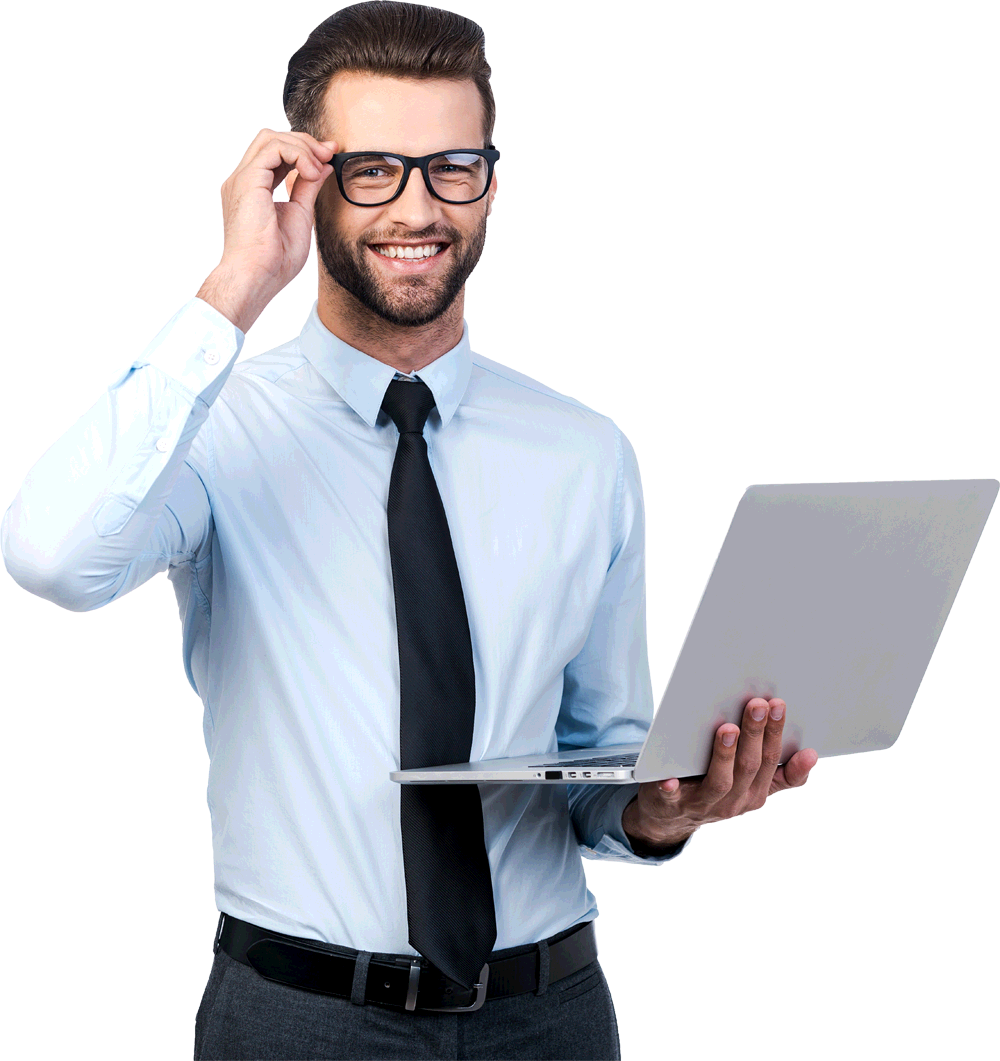 young man in shirt and tie holding laptop and smiling